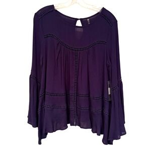 Cirana Bell Sleeve Lace Trimmed Boho Blouse Women's‎ Medium Navy Hippie Peasant